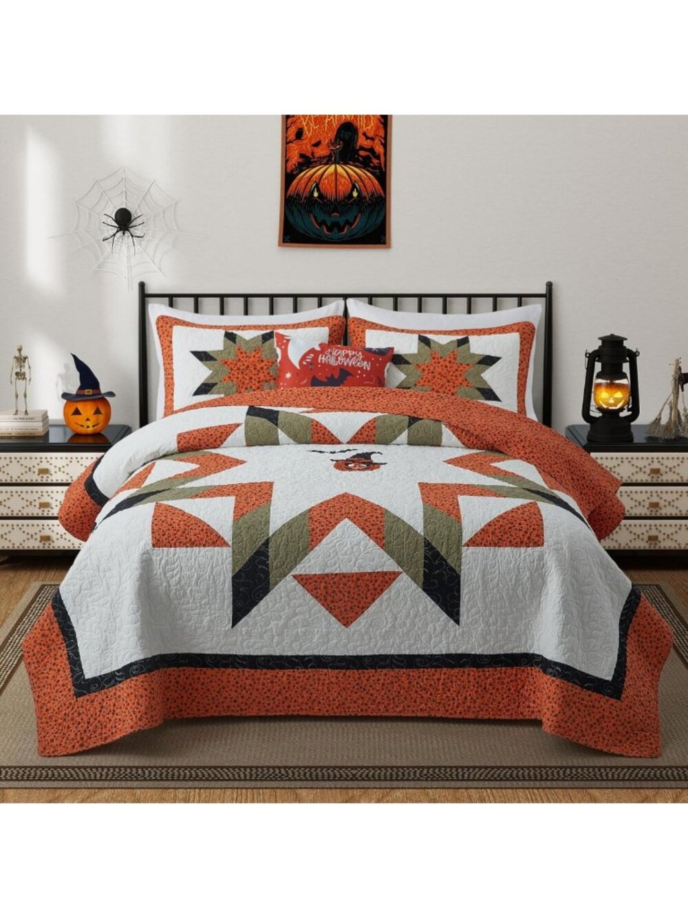 King Size Halloween Quilt Set - Fall Cotton Bedding, 106"x96", Cozy & Festive